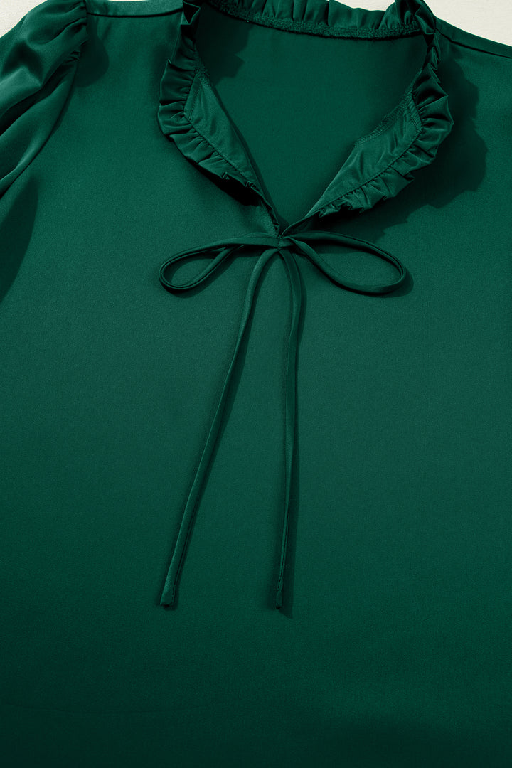 Blackish Green Solid Color Frilled V Neck Bow Detail 3/4 Sleeve Blouse