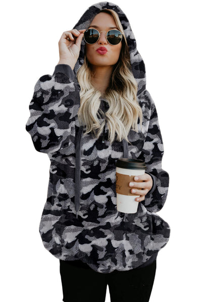 Gray Camo Print Warm Furry Pullover Hoodie