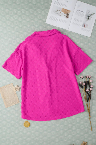 Bright Pink Lapel Neck Checkered Textured Short Sleeve Shirt