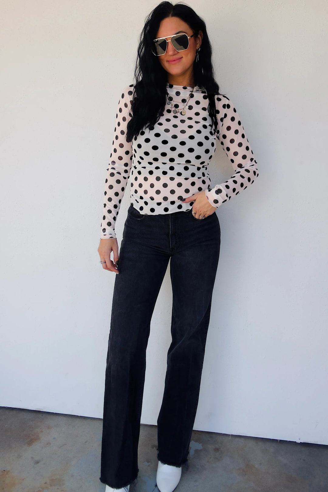 White Polka Dot Sheer Long Sleeve Round Neck Slim Top