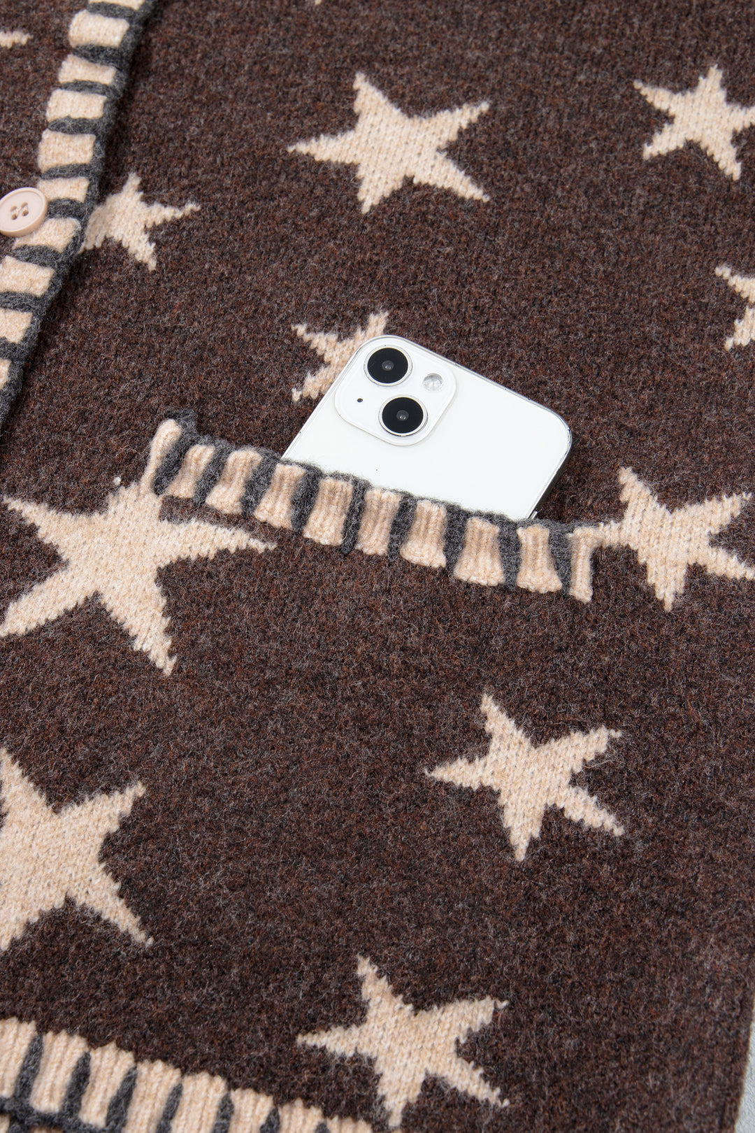 Brown Stars Pattern Colorblock Long Sleeve Shift Cardigan