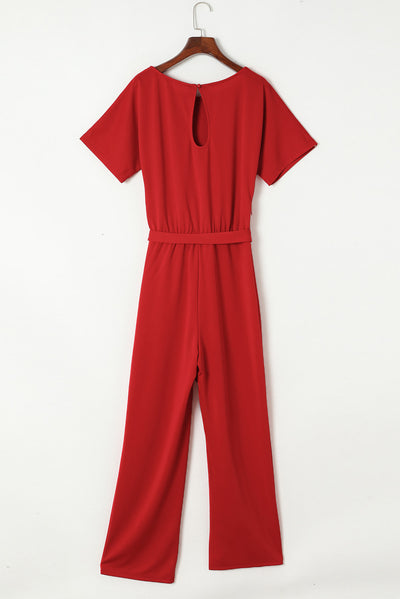 Fiery Red Belted Wide Leg Jumpsuit