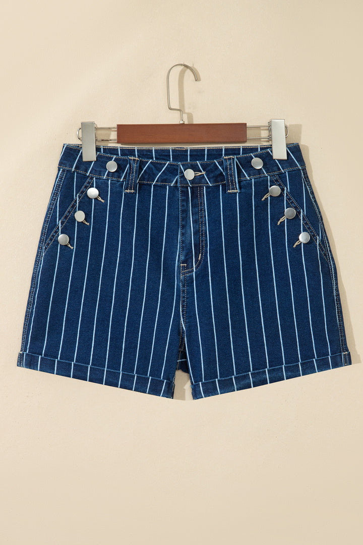 Blue Stripe Metal Button Detail Womens Denim Shorts