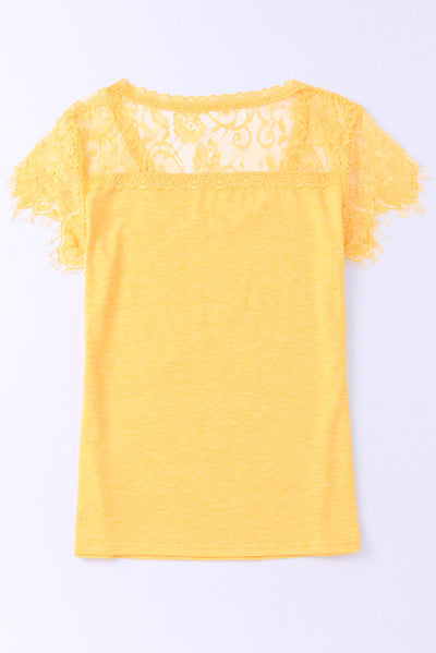 Yellow Lace Crochet Short Sleeve U Neck T Shirt