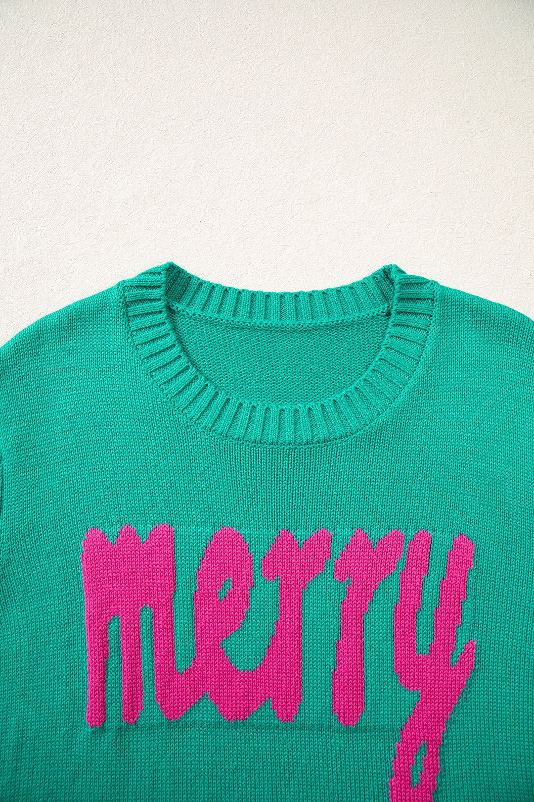 Bright Green Merry Print Ribbed Trim Round Neck Loose Fit Sweater