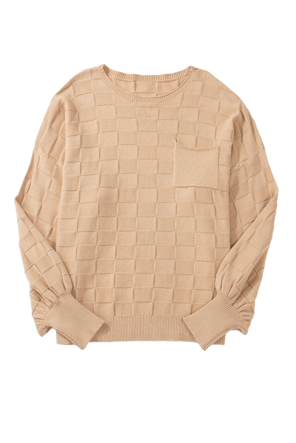 Light French Beige Solid Checkered Textured Knit Plus Size Sweater