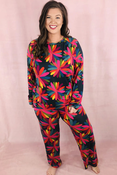 Black Plus Size Printed Long Sleeve and Pants Lounge Set