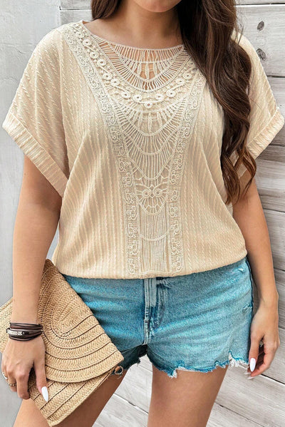 Beige Lace Crochet Patched Cable Textured Cuffed Short Sleeve Plus Size Top