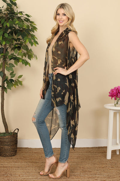 Hdf3083 - Knee Length Camouflage Open Front Kimono Vest