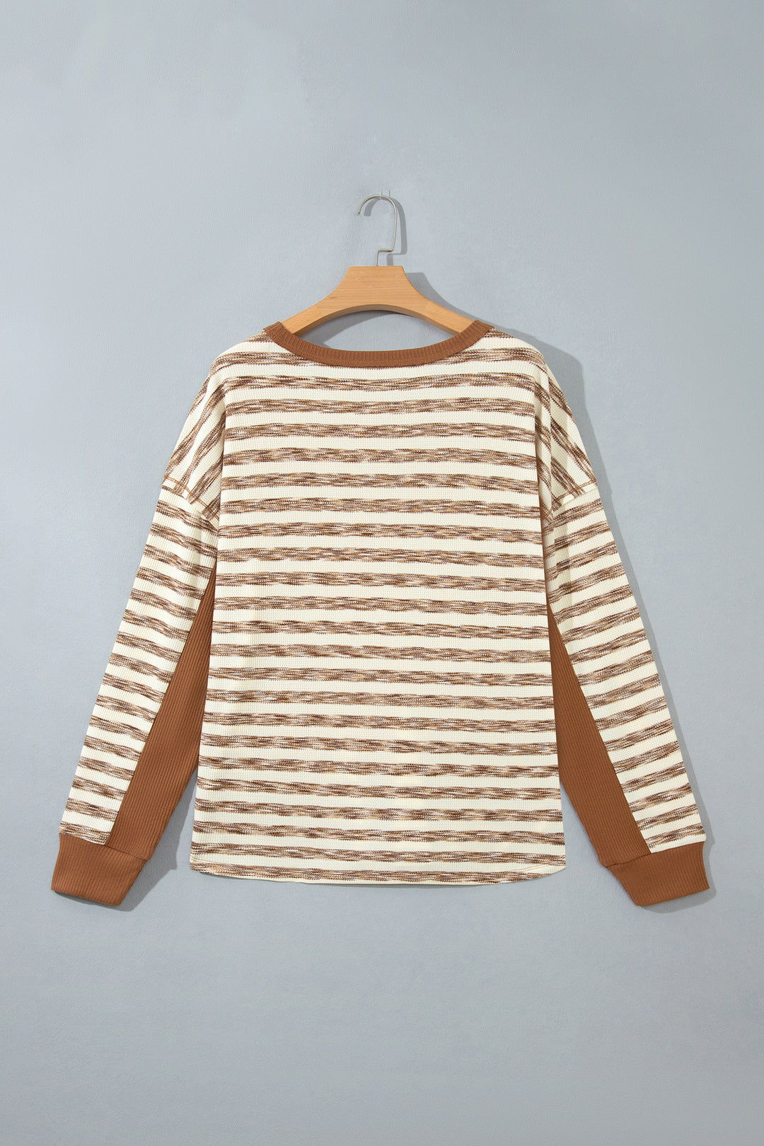 Brown Stripe Textured Knit Color Block Trim Long Sleeve Round Neck Top