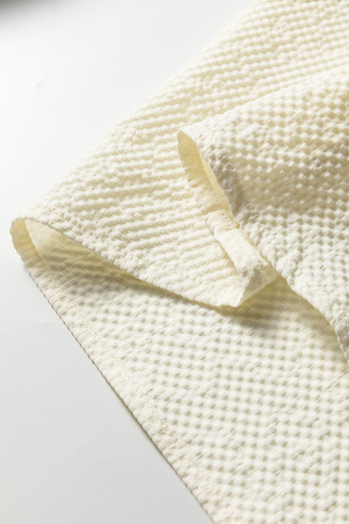 Jet Stream Color Block Patchwork Detail V Neck Textured Long Sleeve Blouse