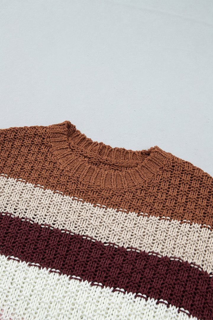 Multicolour Striped Knit Dropped Shoulder Round Neck Pullover Sweater