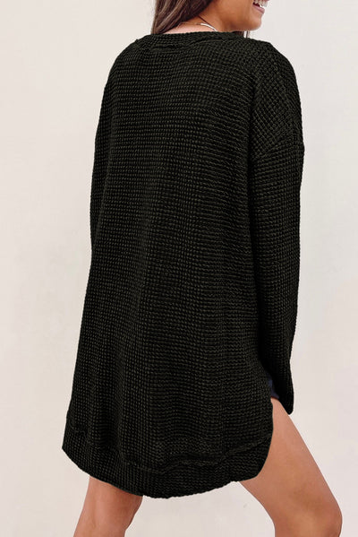 Black Waffle Knit High Slits Oversized Top