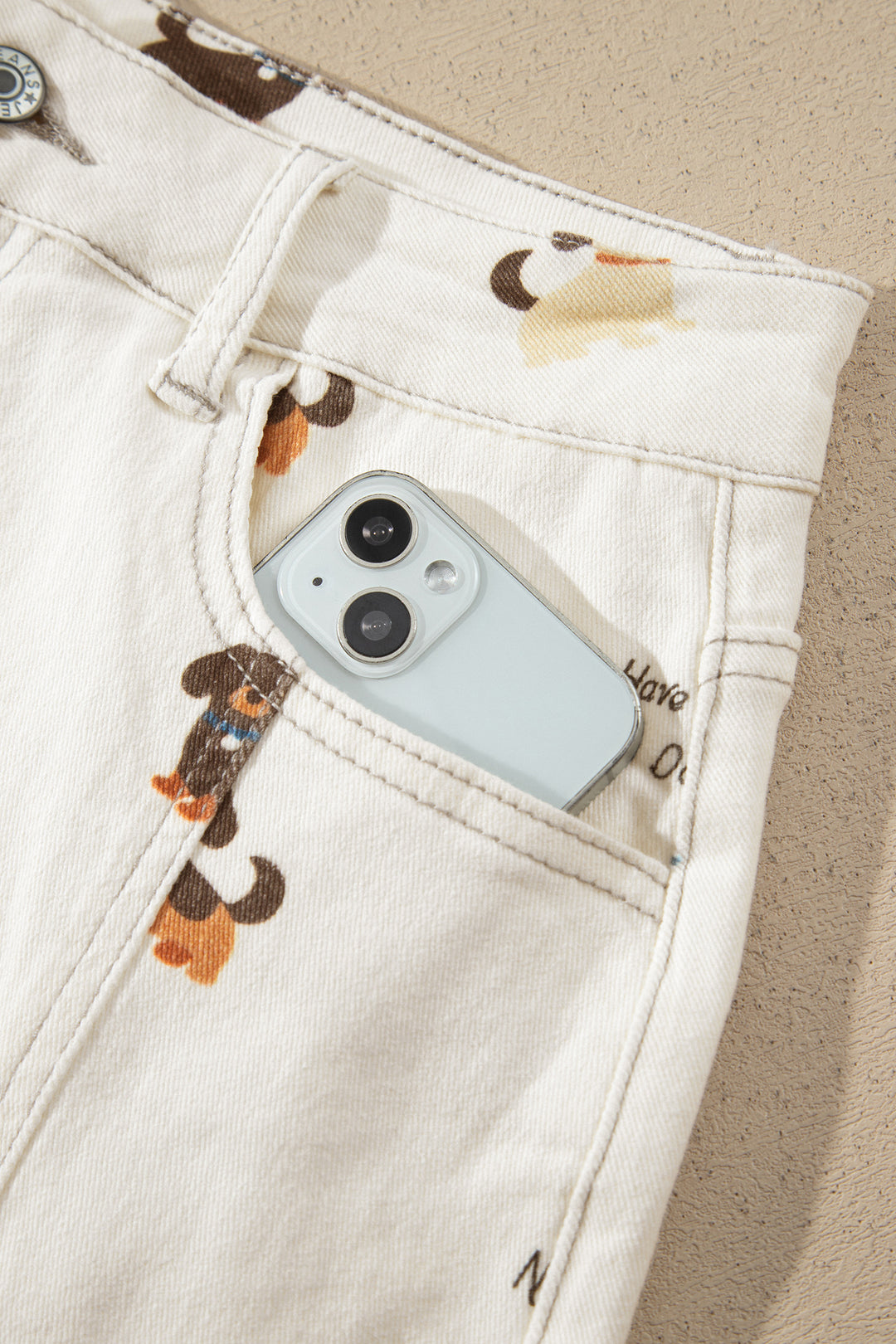White Abstract Dog Print Wide Leg Full-Length Jeans