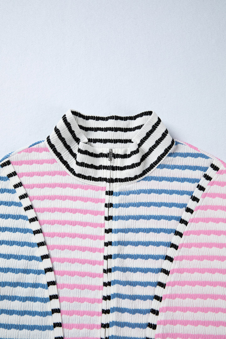 Multicolour Striped Color Block Patchwork Half Zip Drop Shoulder Long Sleeve Top