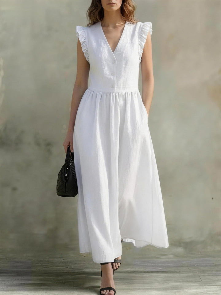 V-Neck Puff-Sleeve Dress with Pockets – Cotton Linen, 7 Colors