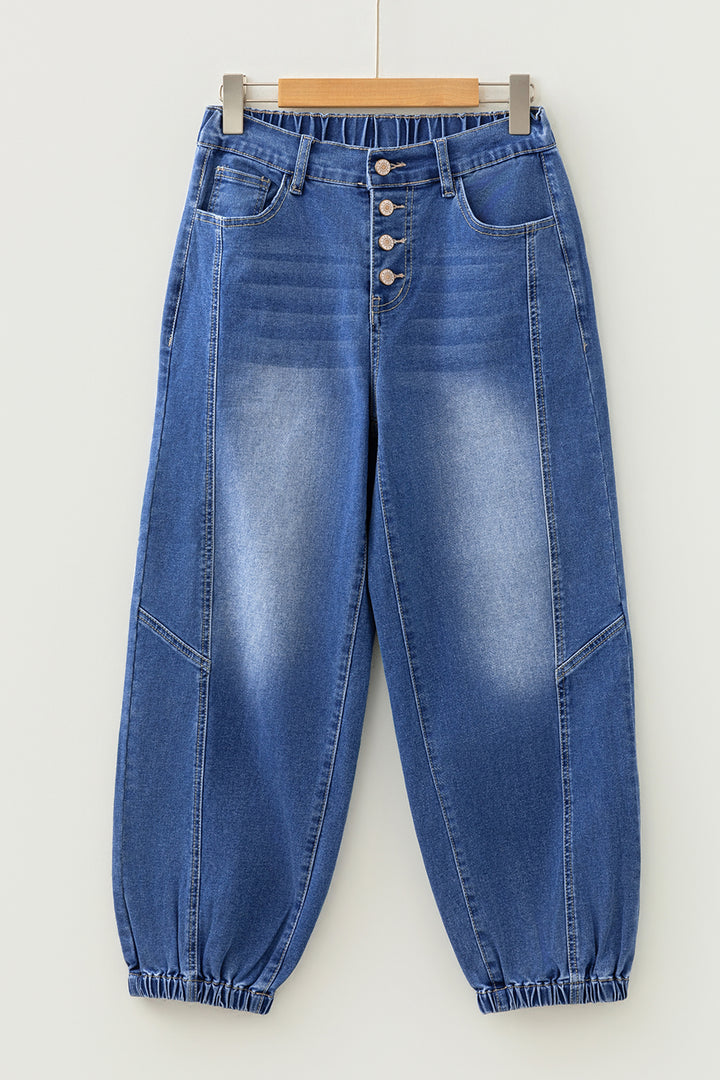 Blue 4 Buttons Front Tapered Casual Loose Fit Jeans
