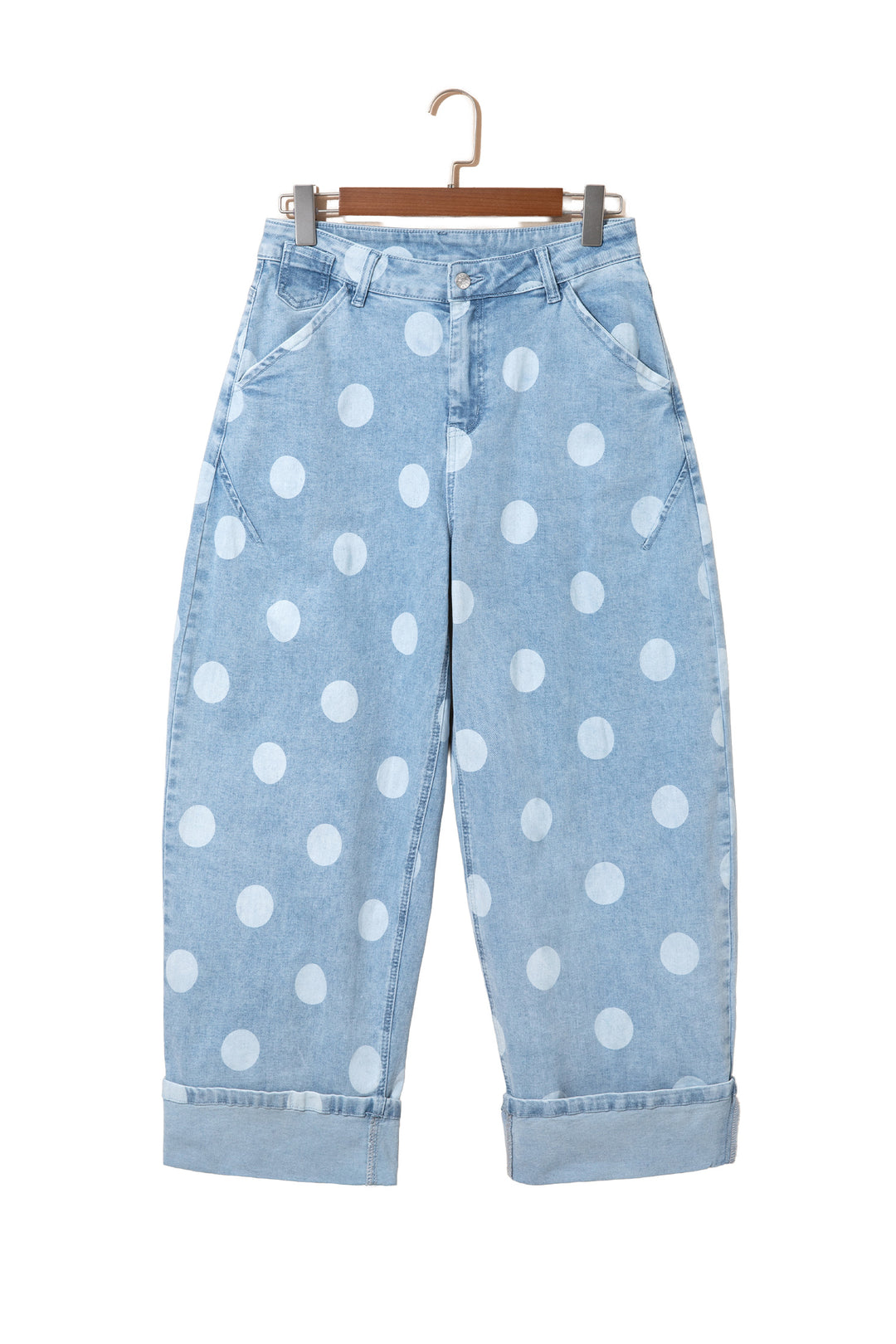 Sky Blue Polka Dot Ankle-Length Metal Button Casual Jeans