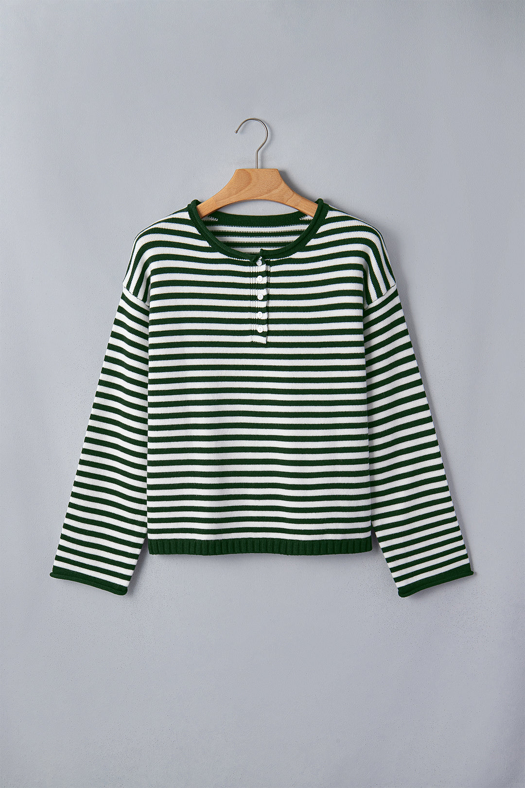 Green Stripe Striped Button Placket Drop Shoulder Long Sleeve Sweater