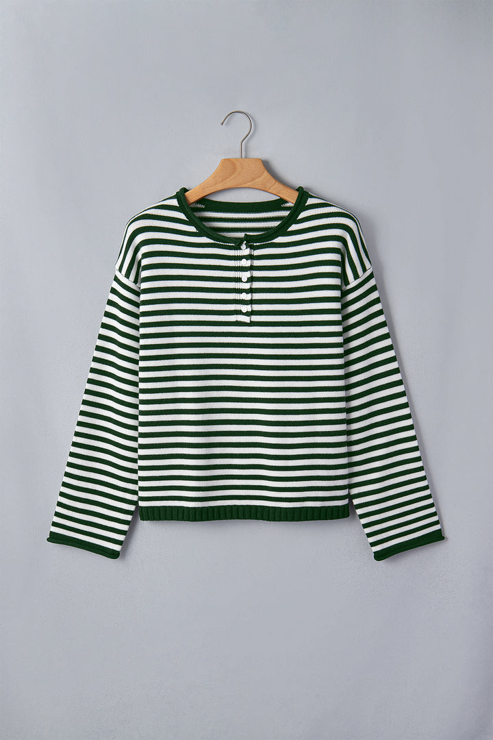 Green Stripe Striped Button Placket Drop Shoulder Long Sleeve Sweater