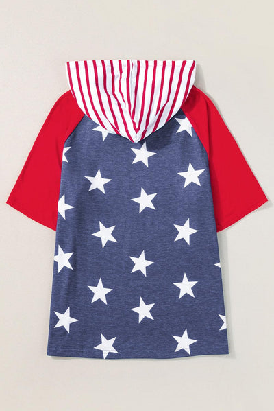 Fiery Red Stars and Stripes Print Drawstring Hooded T Shirt