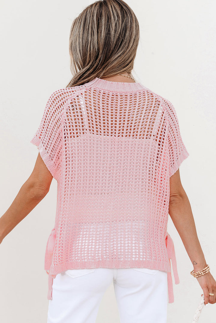 Lettie Hollow-out Crochet Side Tied Short Sleeve Sweater