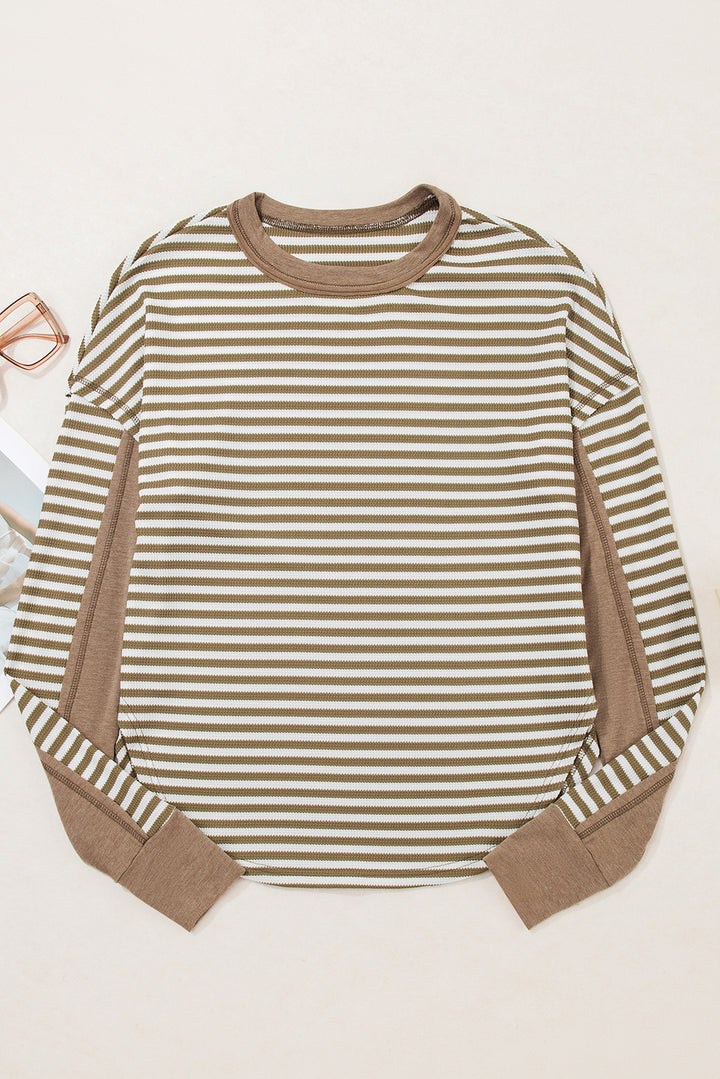 Khaki Stripe Thermal Knit Drop Shoulder Casual Top