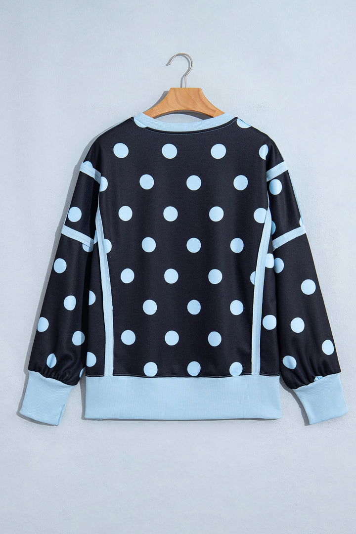 White Polka Dot Contrast Patchwork Round Neck Baggy Sweatshirt