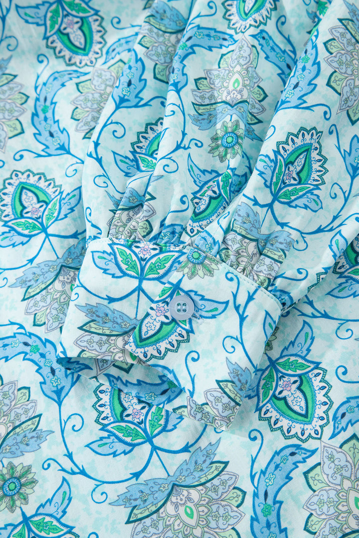 Sky Blue Paisley Print Puff Sleeve Loose Shirt
