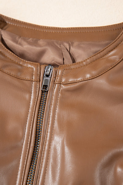 Chestnut Solid Faux Leather Zipper Slim Fit Bomber Jacket