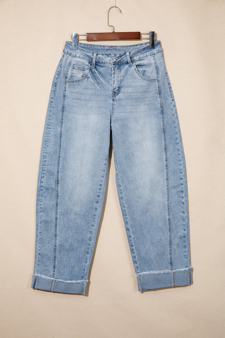 Sail Blue Raw Hem Turnup Loose Ankle-length Jeans