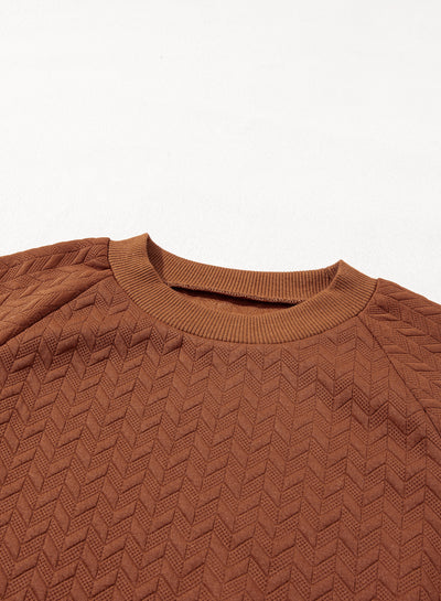 Chestnut Solid Textured Raglan Sleeve Pullover Sweatshirt