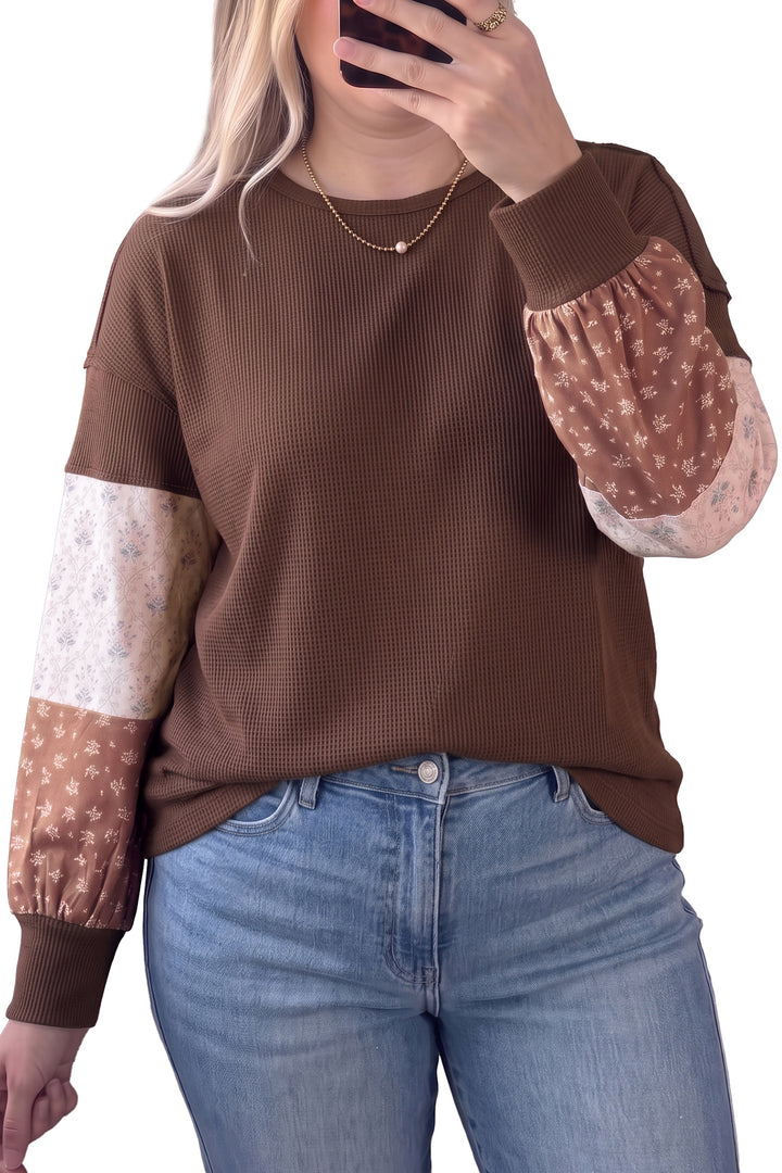 Coffee Plus Size Waffle Knit Floral Patchwork Long Sleeve Top