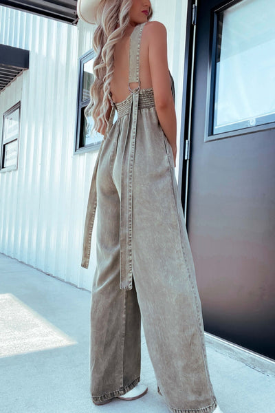 V-Neck Wide Leg Denim Jumpsuit