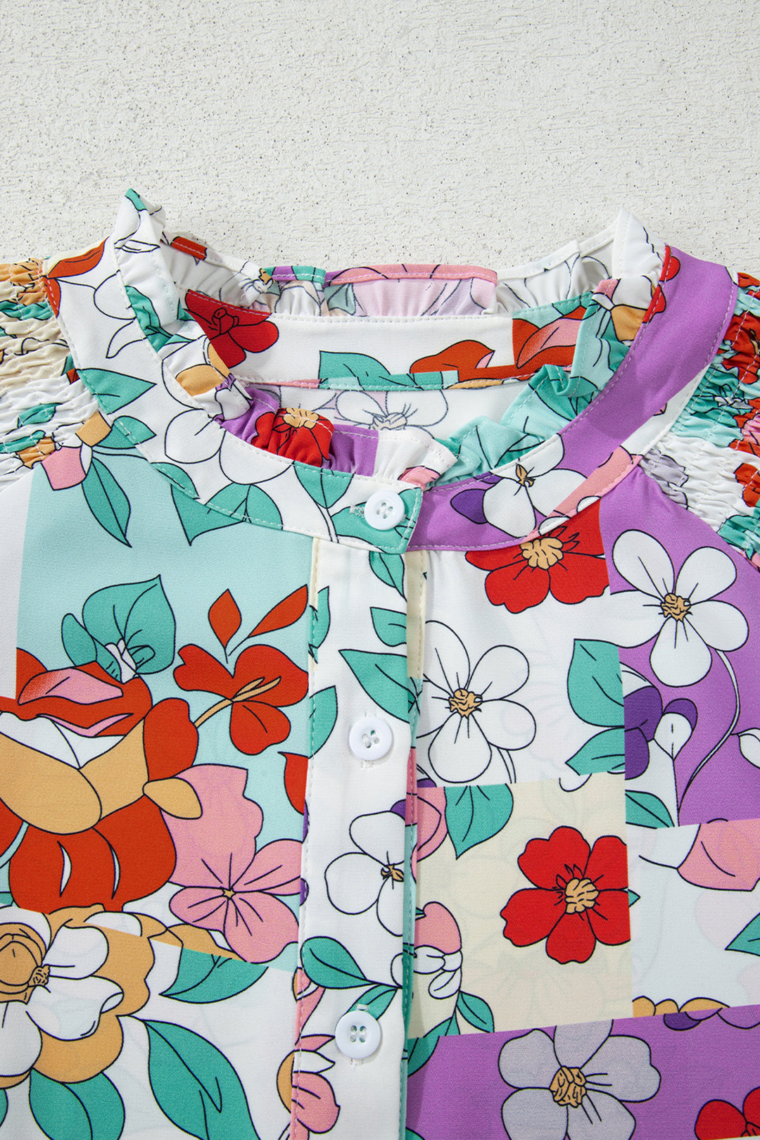 Pink Floral Print Patchwork Frilly Neckline Long Sleeve Shirt