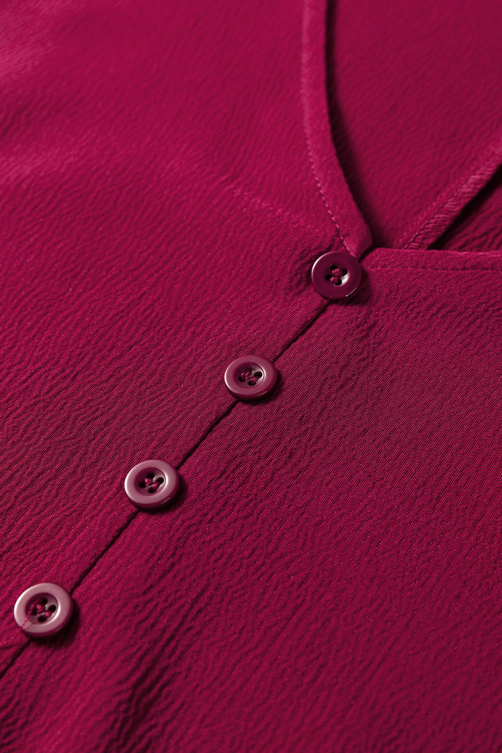 Burgundy Solid Long Sleeve Button V Neck Tiered Maxi Dress