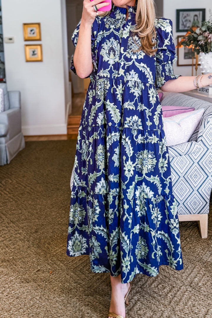 Blue Wild Floral Print Frilled Collar Half Sleeve Long Dress