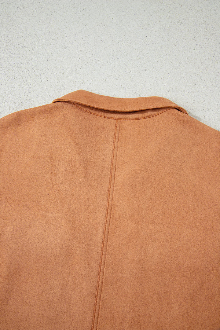 Thai Curry Collared V Neck Faux Suede Short Sleeve Shift Mini Dress