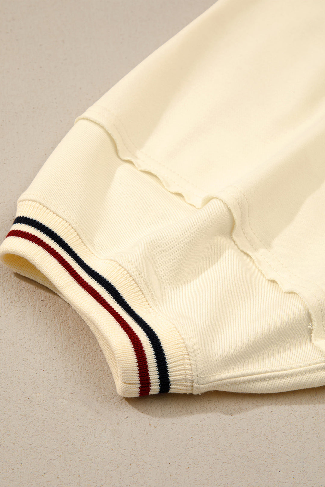 Beige Contrast Varsity Striped Neckline Cuffed Short Sleeve Loose Tunic Top