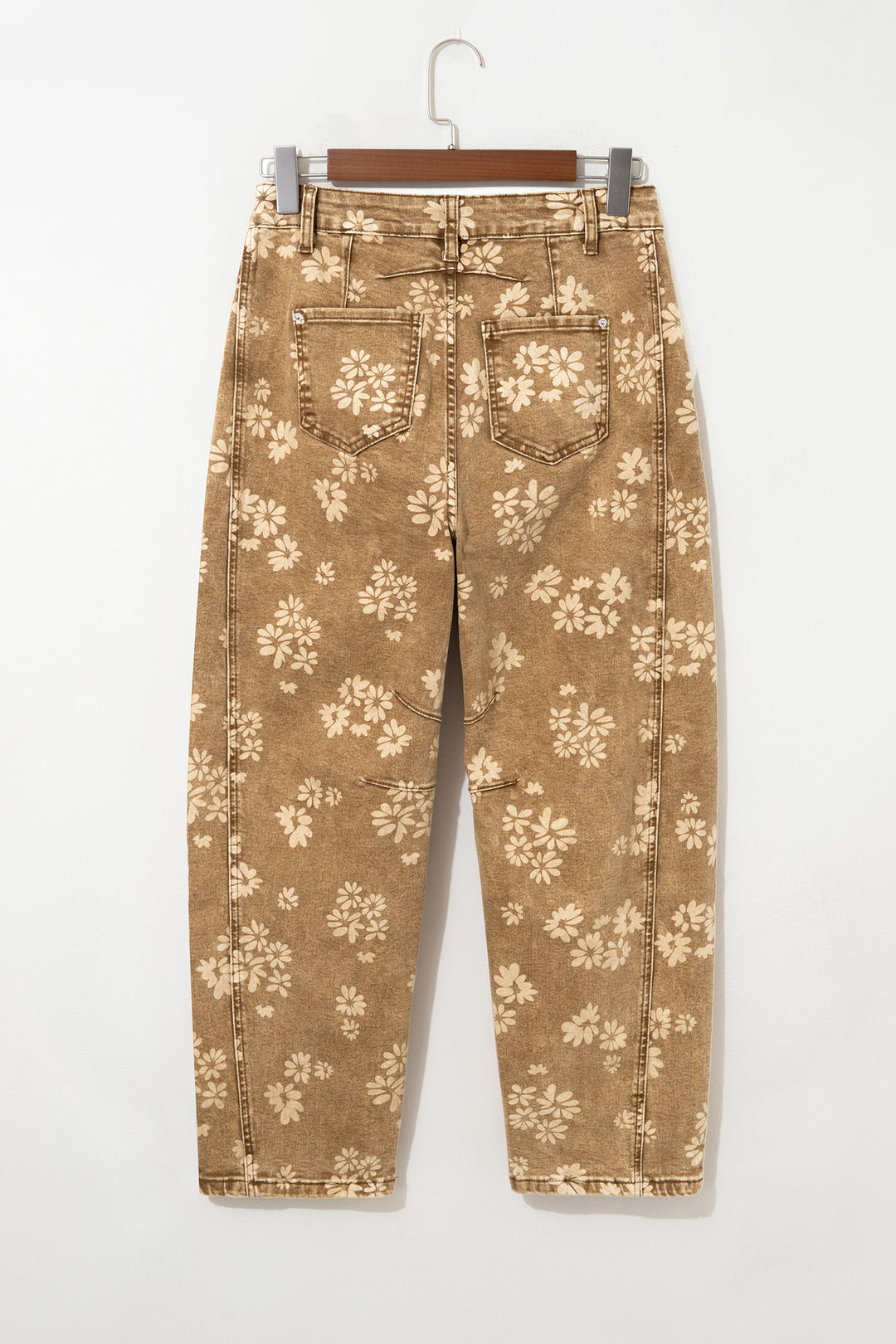 Khaki Floral Print Metal Button Pleated Straight Leg Jeans