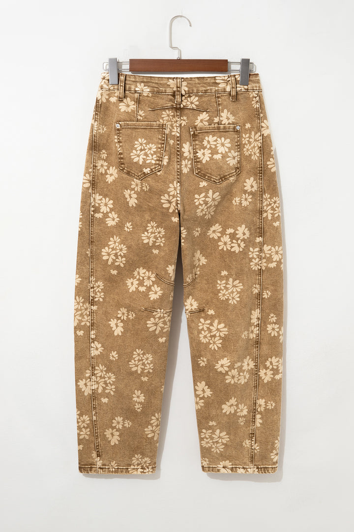 Khaki Floral Print Metal Button Pleated Straight Leg Jeans