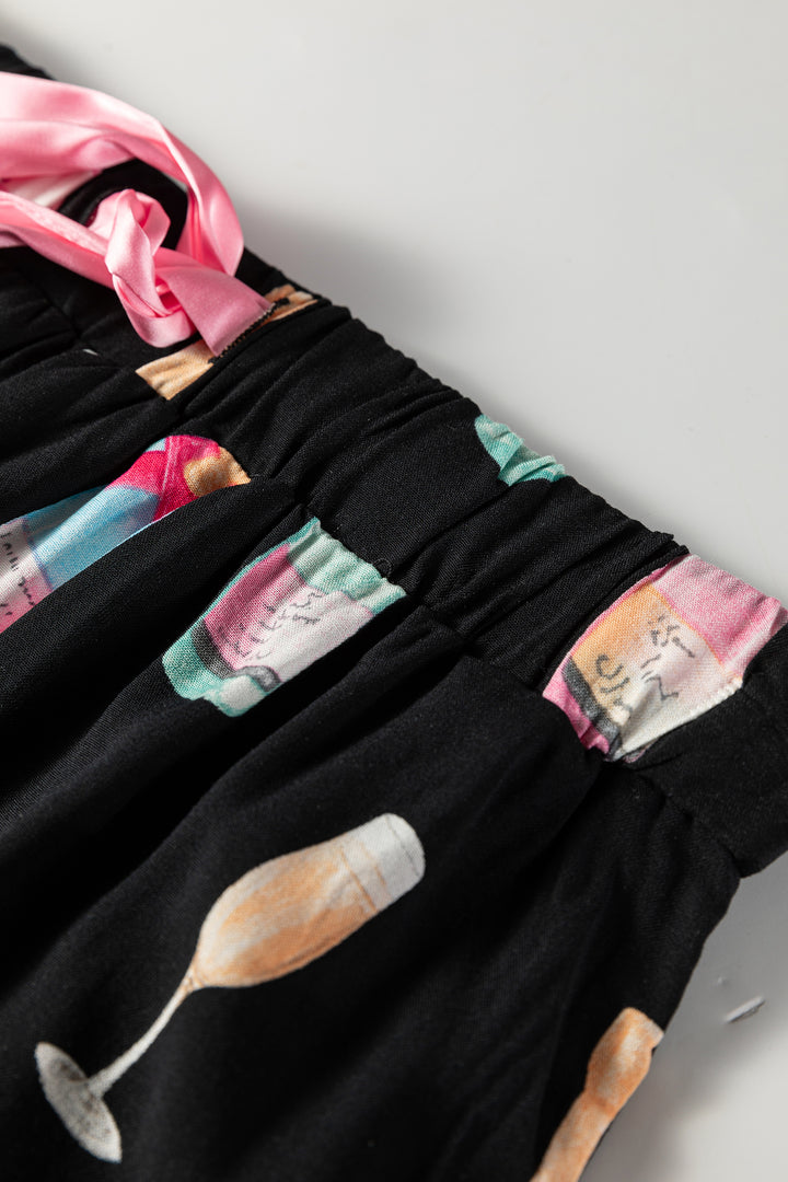 White Christmas Wine Glass Print Bow Knot Two Piece Pajama Set