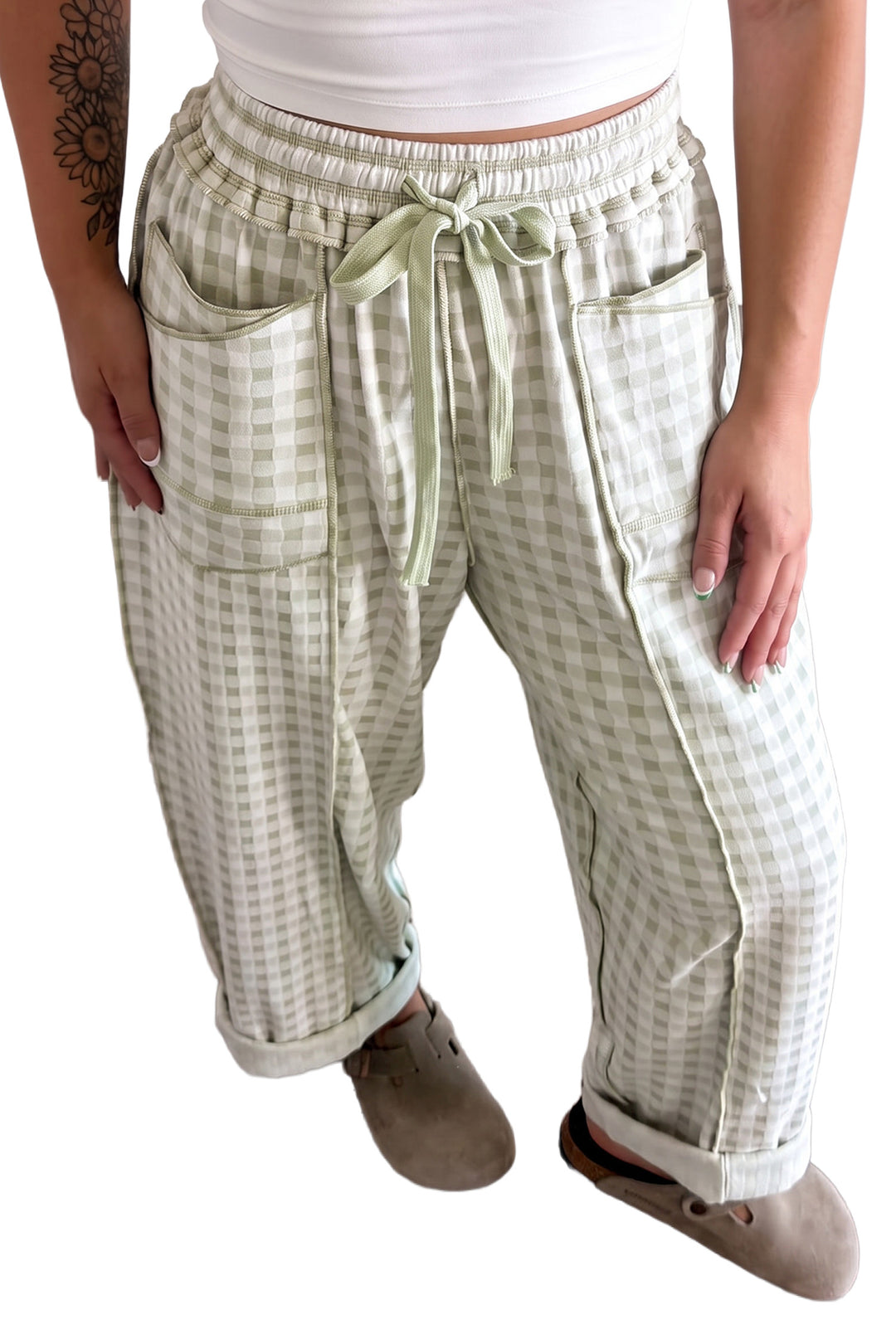 Green Plaid Contrast Trim Drawstring Elastic Waist Shift Pants