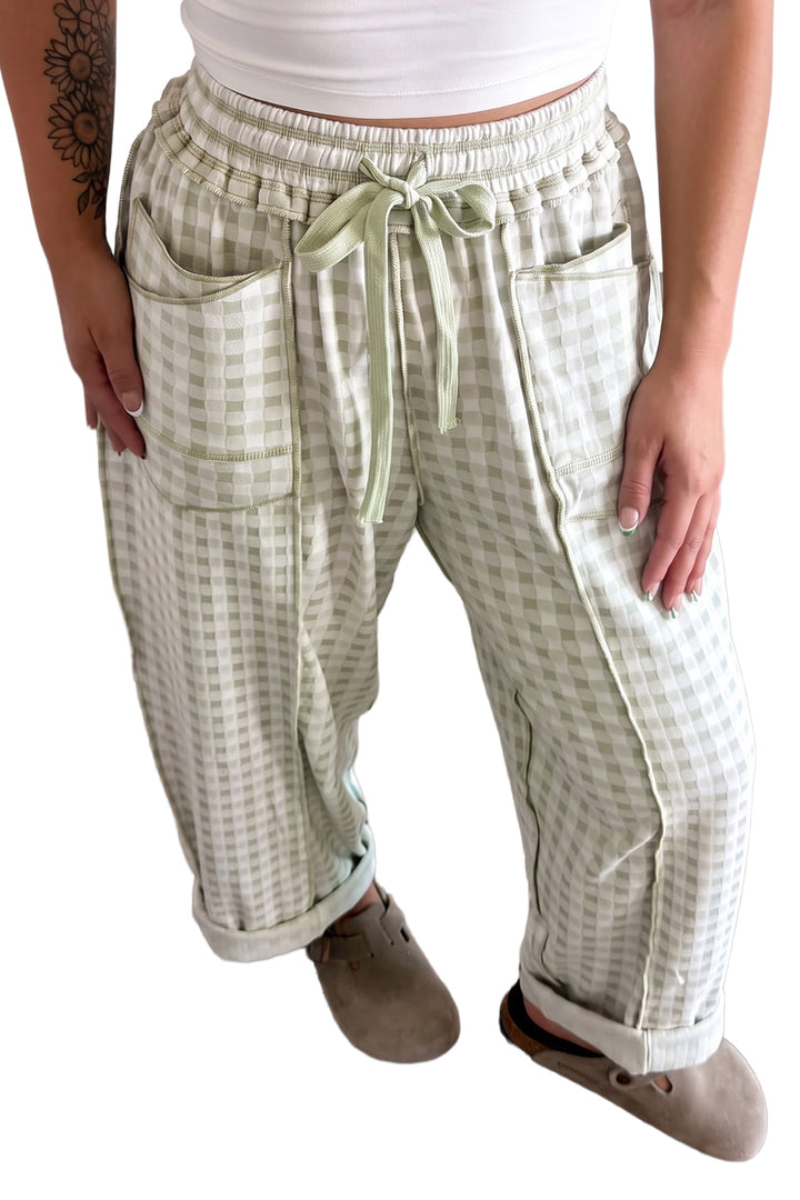 Green Plaid Contrast Trim Drawstring Elastic Waist Shift Pants
