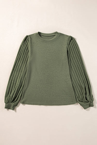 Jungle Green Contrast Ribbed Bishop Sleeve Top