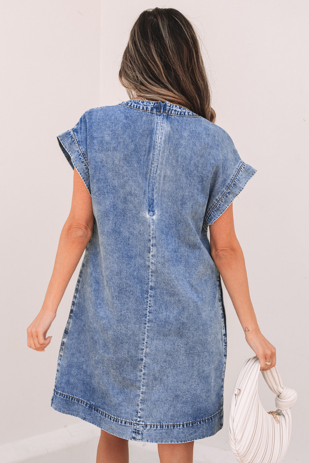 Jacqueline Tie V Neck Denim Shift Dress