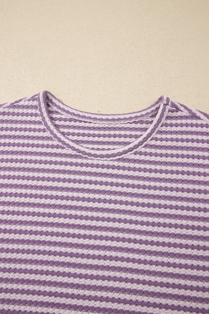 Brown Stripe Breathable Textured Knit Short 2pcs Set