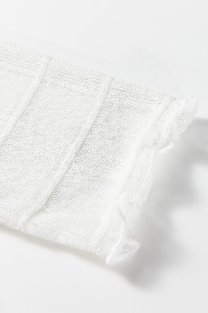 White Sheer Plaid Mesh Lettuce Trim Slim Fit Long Sleeve Top