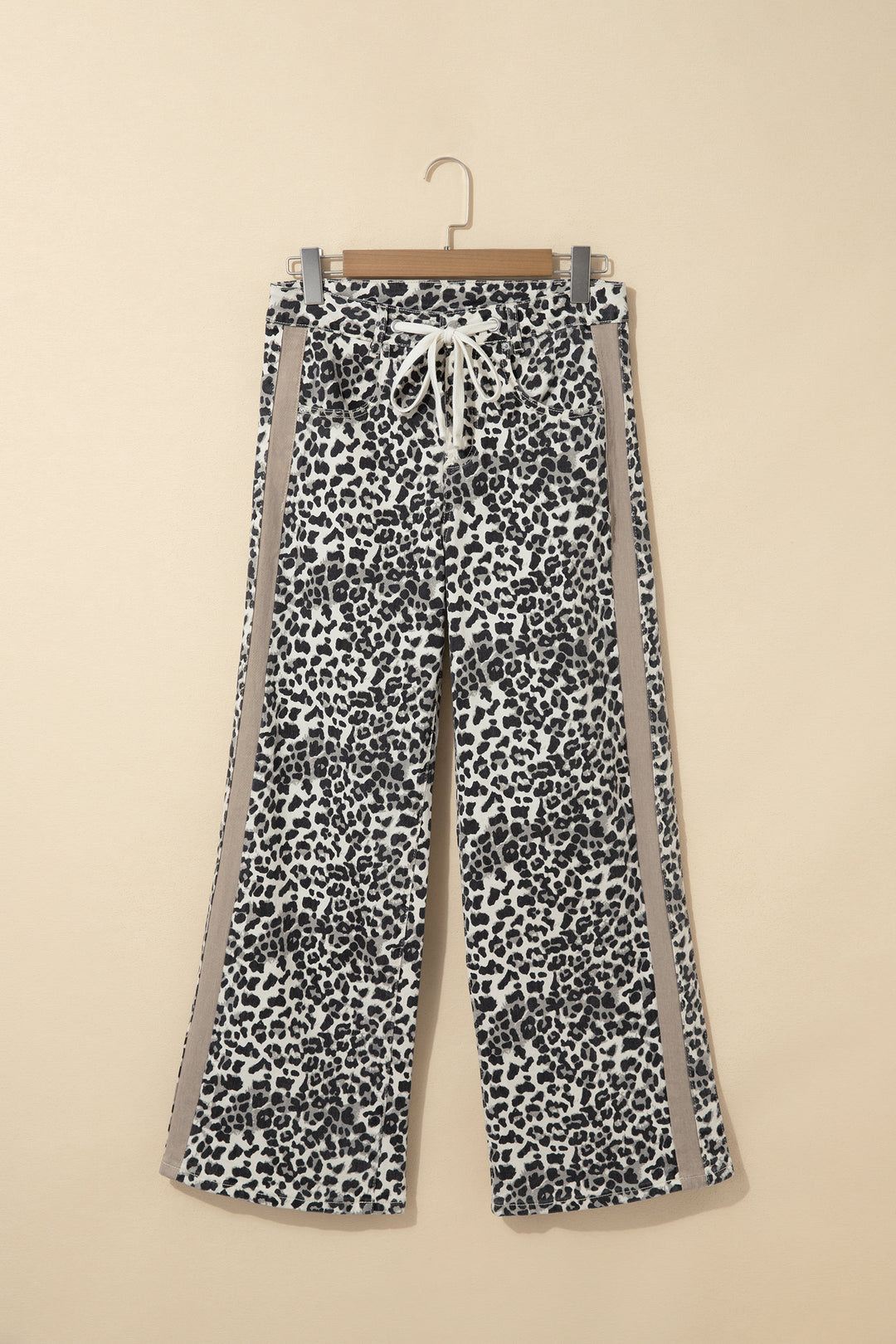 Khaki Leopard Print Drawstring Waist Straight Leg Jeans