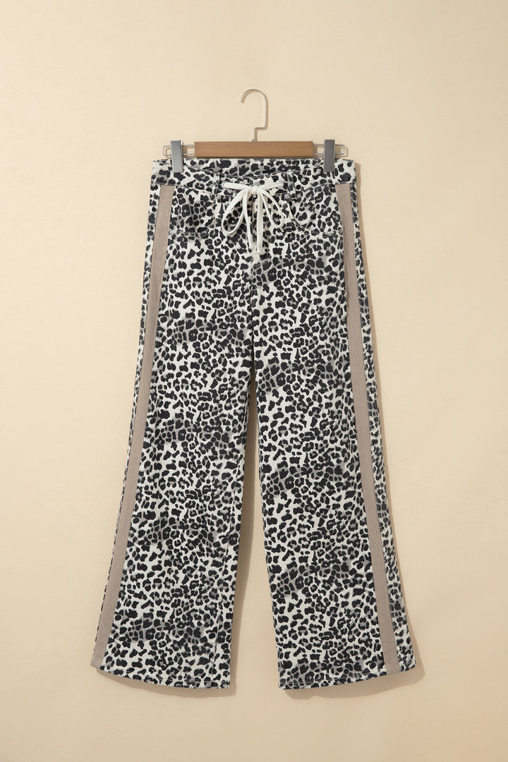 Khaki Leopard Print Drawstring Waist Straight Leg Jeans